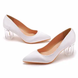 Crystal square heel transparent heel pointed toe shoes dance party bride's dress foreign trade silk dress long skirt shoes