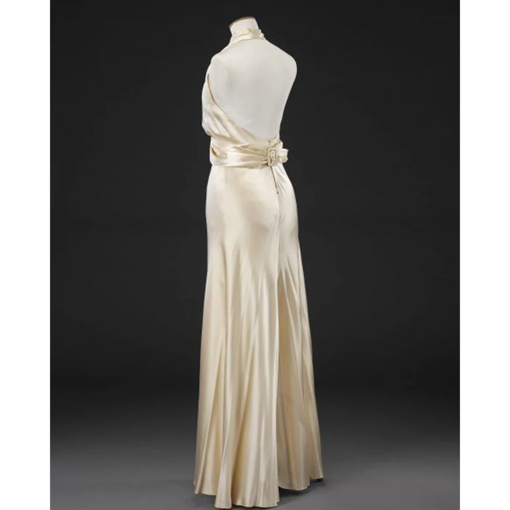 Vintage Halter Neck Satin Evening Gown Women's Ivory Backless Floor-Length Prom Dress Retro Wedding Guest Party Maxi Dress