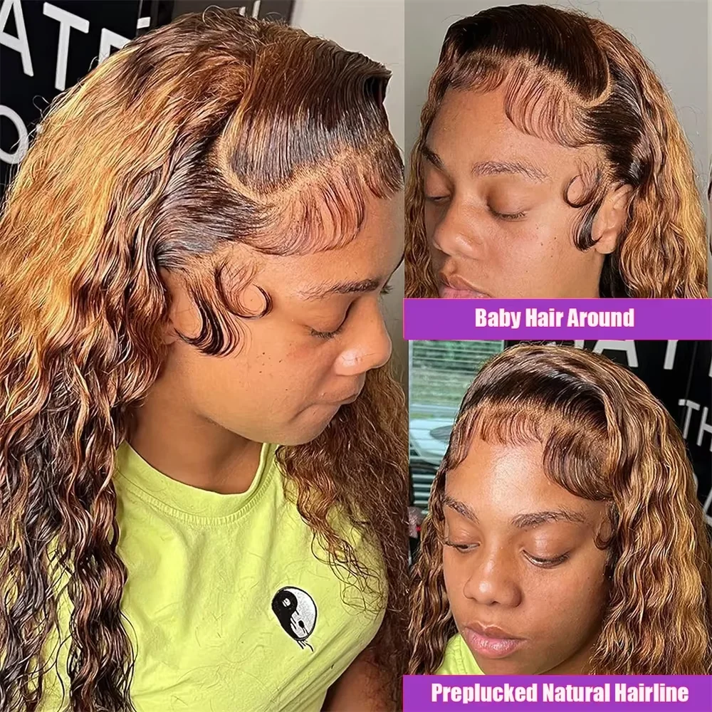 32 Inch 4/27 Highlight Curly Human Hair Wigs 13x6 HD Lace Front Human Hair Ombre Honey Brown Colored Deep Wave Lace Frontal Wigs