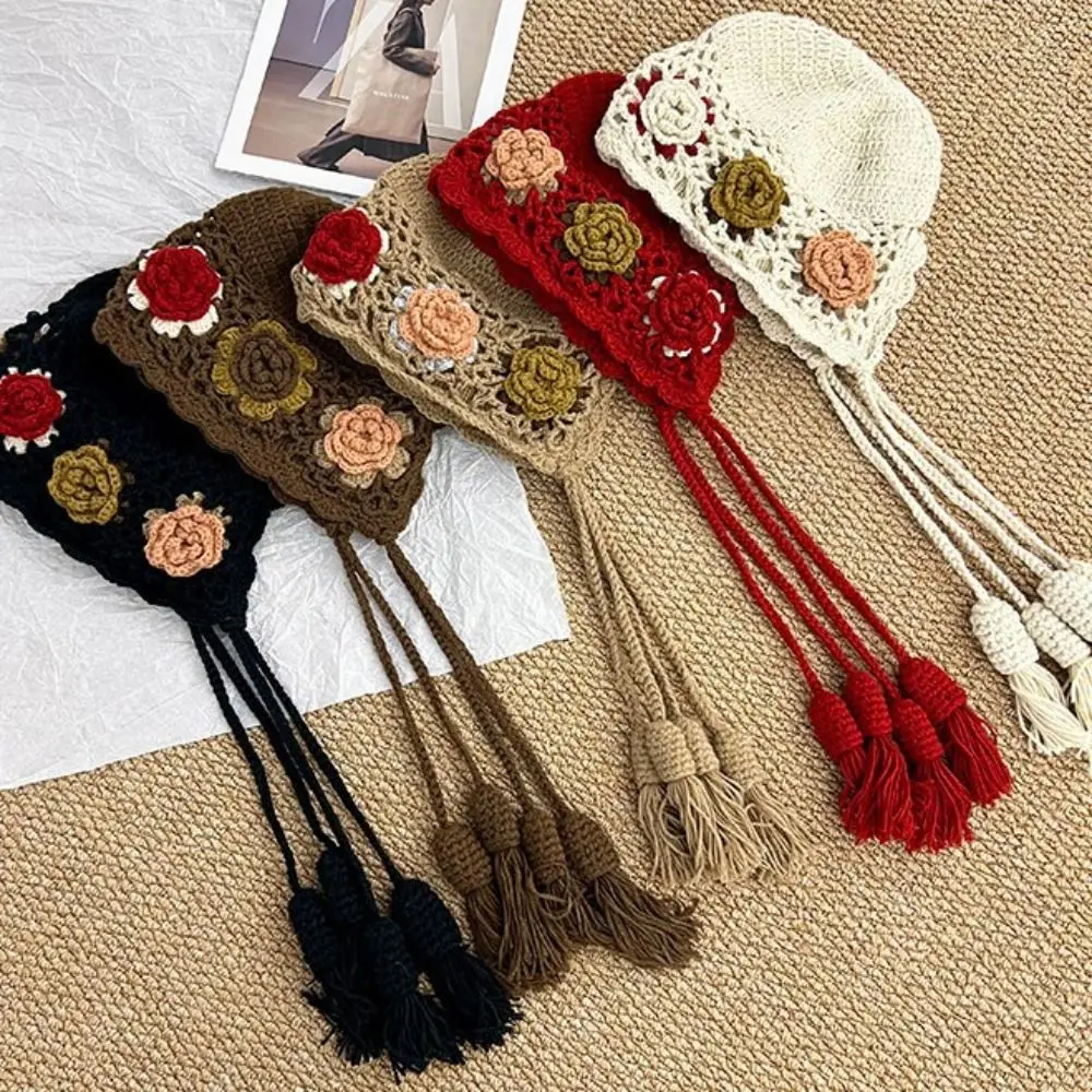 Вязаная шапка крючком в стиле ретро с кисточками, ажурные шапочки с кисточками в богемном стиле, ручная работа, корейская шляпа в этническом стиле, аксессуары для одежды