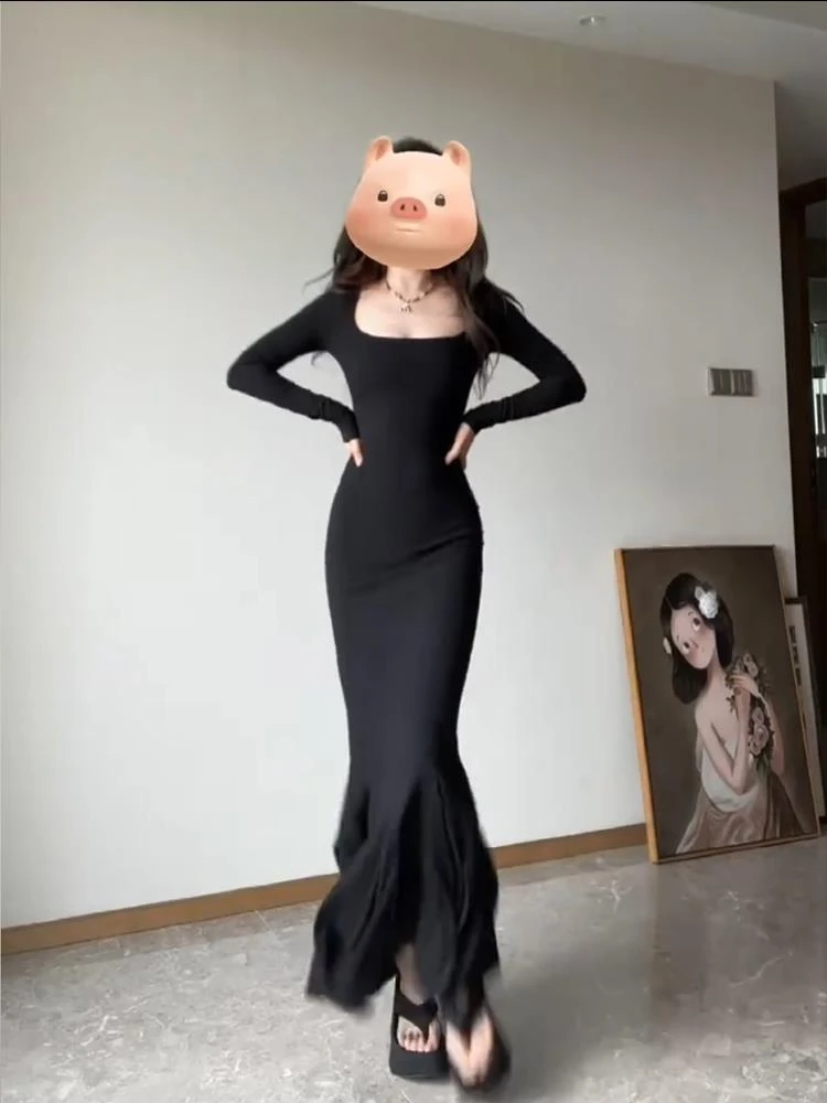 

Sexy plus Size Long Sve Fi Tail Dr Square Collar Waist Cinched Bodycon Gown for Women Autumn High Waist Commute Sle