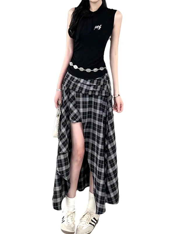 American Retro Plaid Asymmetrical High Waist Loose Slimming Long Skirt Women's Summer New Style Casual Straight Cut Skirt