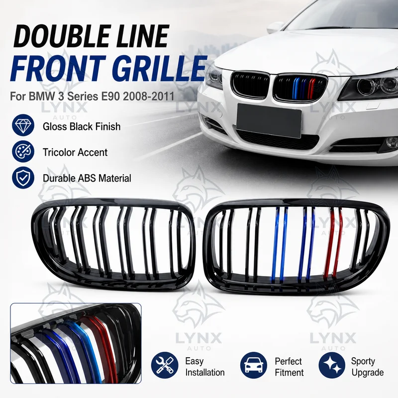 For BMW 3 Series E90 2008-2011 Double Line Front Grille Gloss Black Tricolor Modified Grille Mesh Car Accessories