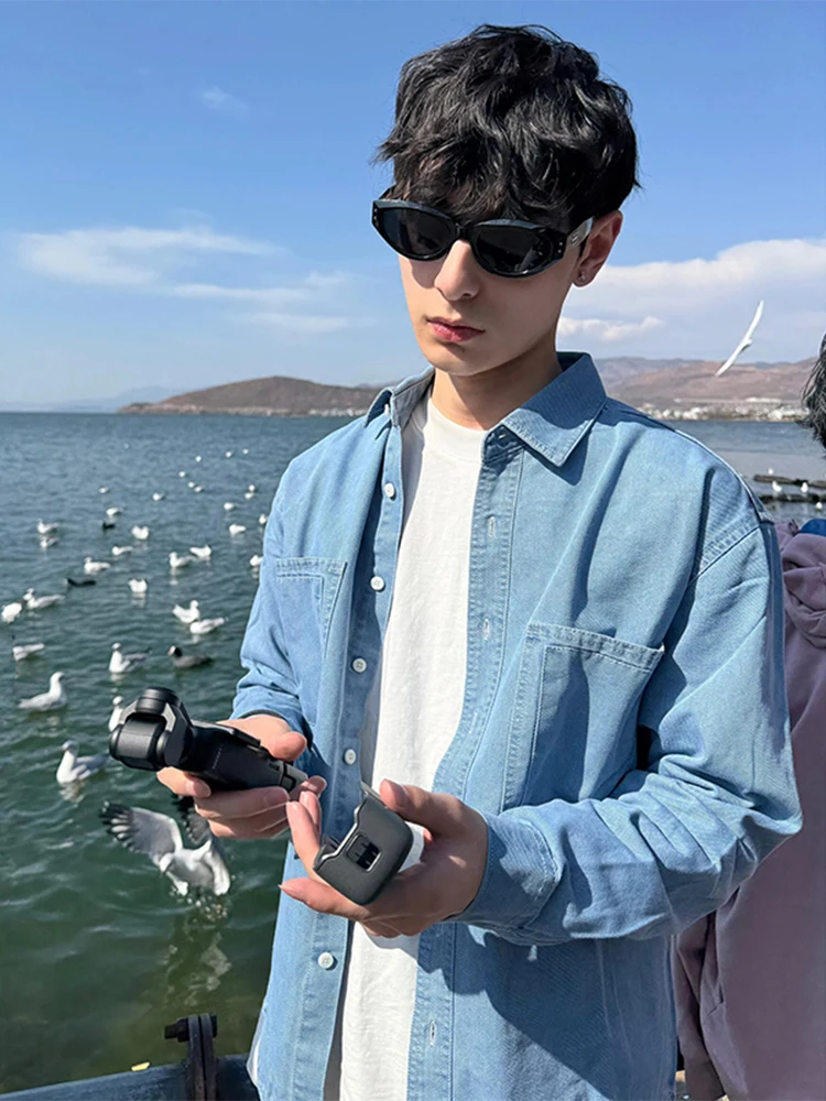 

Light Blue Long Sve Denim irt for Teenage Boys y Sle Cleanfit Jaet Loose Fit Multi ket Iron Free Spring Casual