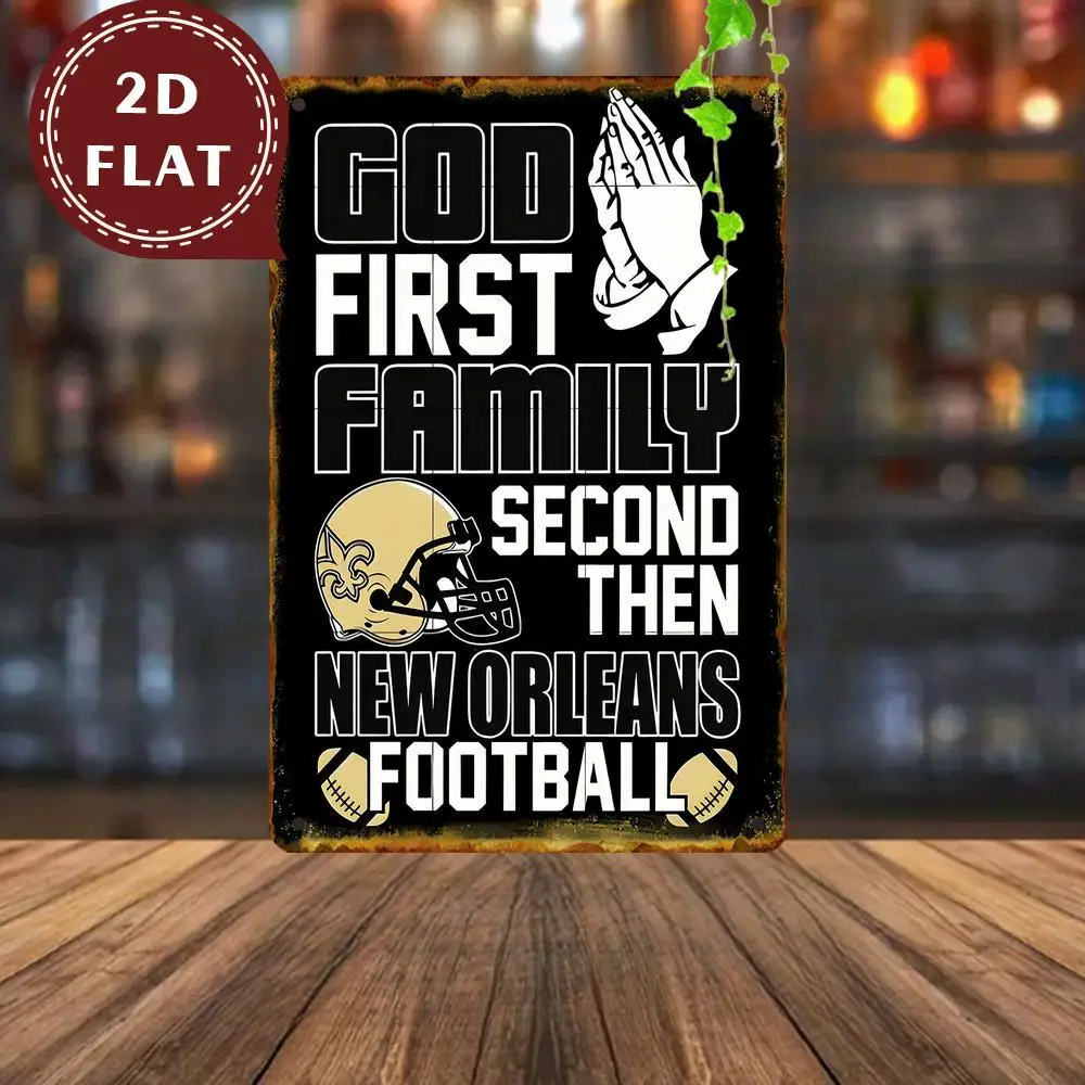 Letrero Metálico Vintage con Diseño de Manos en Oración y Casco de Fútbol Americano, con la Frase: "God First, Family Second, New Orleans Football"