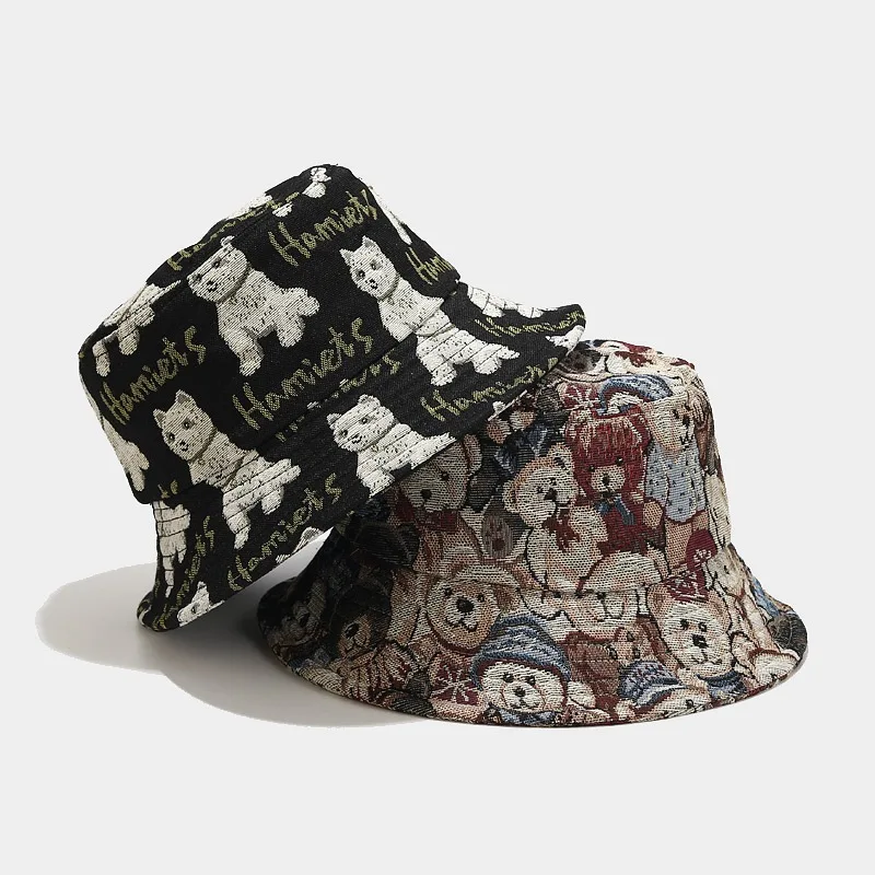 

Cute Bear Print Bucket Hat for Men Women Flat Top Panama Fisherman Hats Outdoor Travel Beach Sunscreen Hats Basin Cap