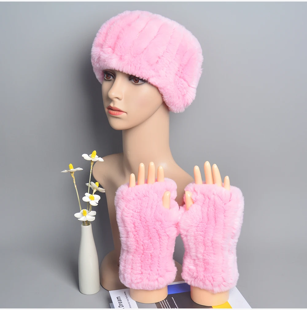 One Set Women Real Rex Rabbit Fur Cuff+Headband Winter Warmer Hat Arm Wrist Sleeve Gloves Female Real Fur Cap+Elastic Wristband