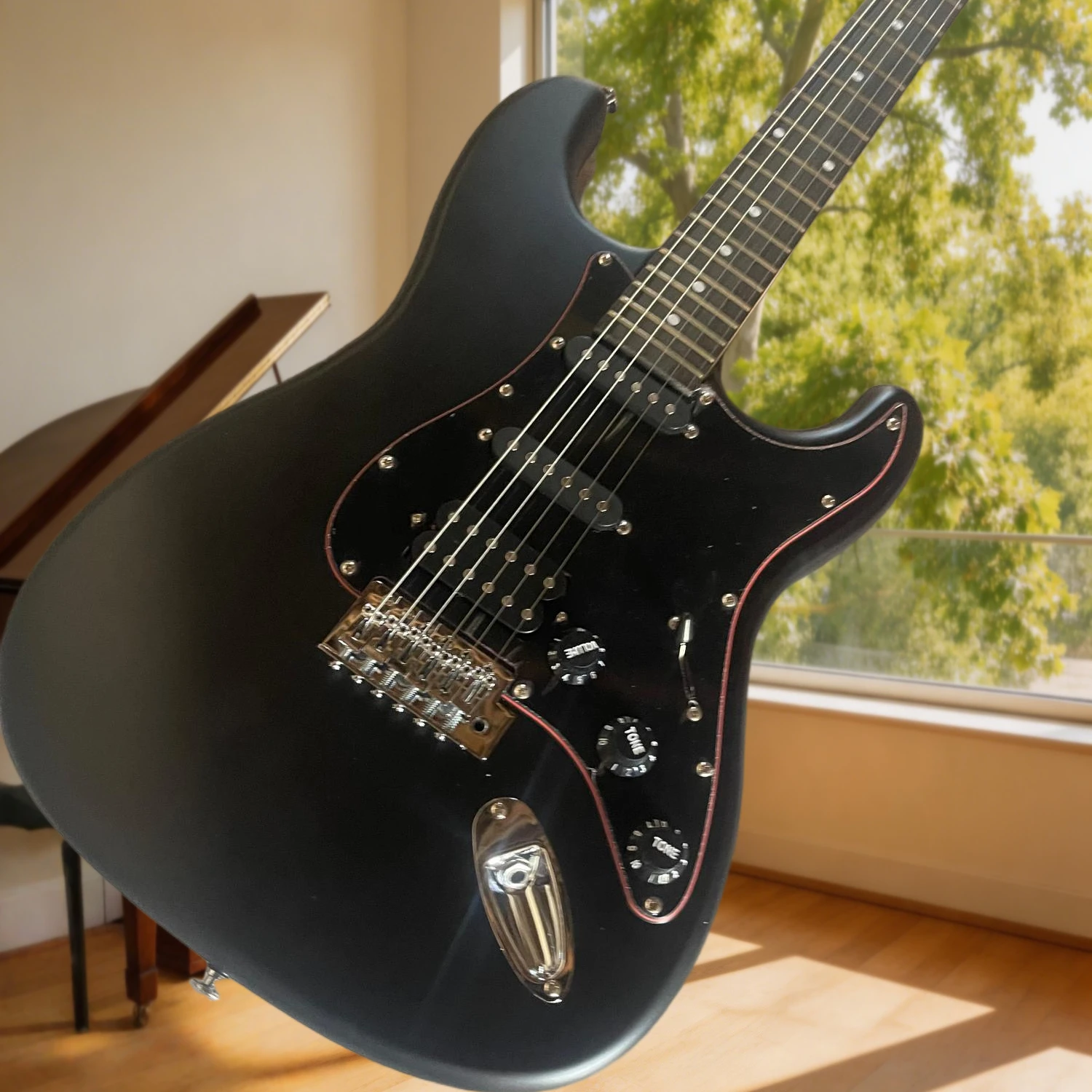 Free Shipping ST Electric Guitar Flat Black 6 String EQ Classic Triple Pickups Smooth Fretboard Song Creation Hobby Present