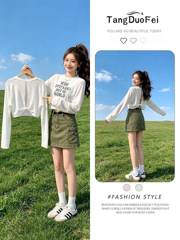 Sweet Y2k Cropped Top Vintage Backless Print Long-Sleeve T-Shirt Women New Summer Loose Versatile Sun-Protective Top Trendy Tees