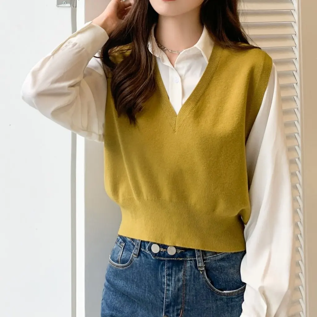 

Women's Short Sleeveless Knitted Vest Korean-Style College-Look Sweater Outerwear Casual Vest Top Jacket