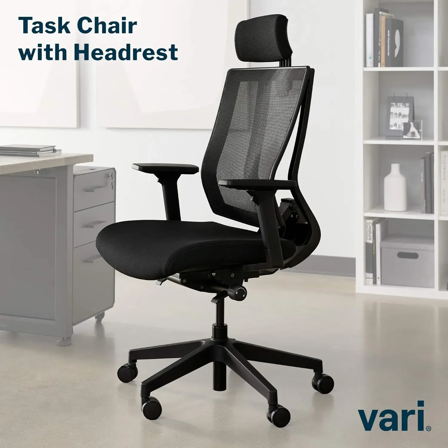 

Vari Task Chair with Headrest (VariDesk) - Adjustable Height Computer Chair With Armrests & Casters - Breathable Mesh Desk