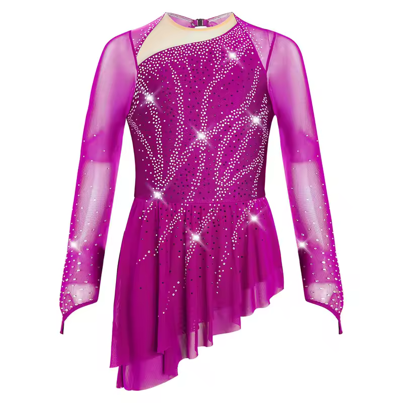 Kids Girls Figure Skating Rhythmic Gymnastics Leotard Dress Asymmetrical Split Shiny Rhinestones Contrast Color Dress Ballerina - Image 17