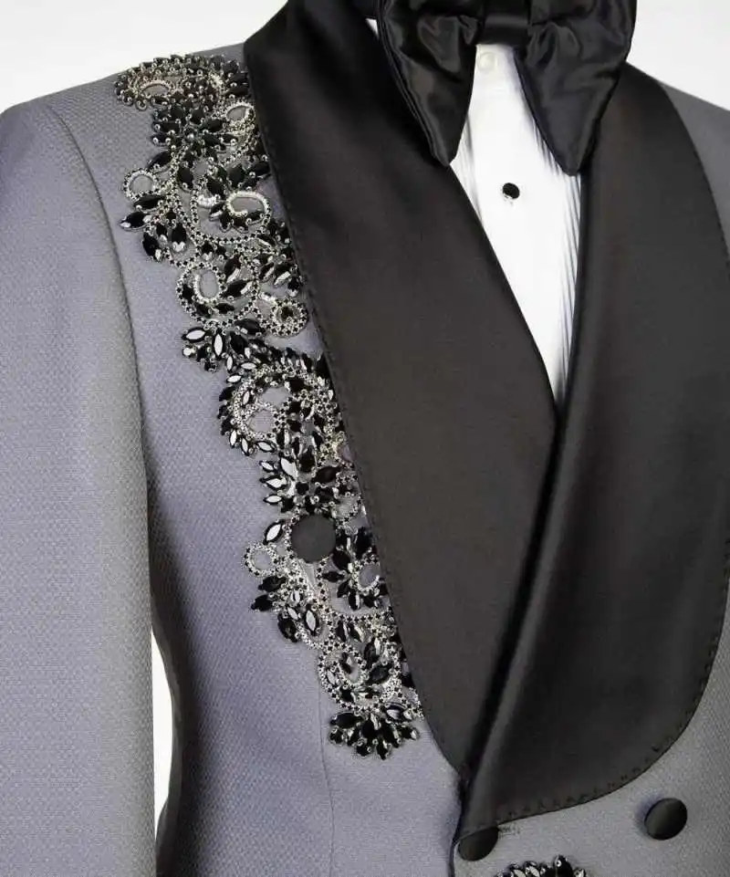 

Exquisite Black Crystal Embroidery 3-Piece Men's Suit Double-Breasted Blazer Trousers Vest Formal Wedding Party Suit Customized