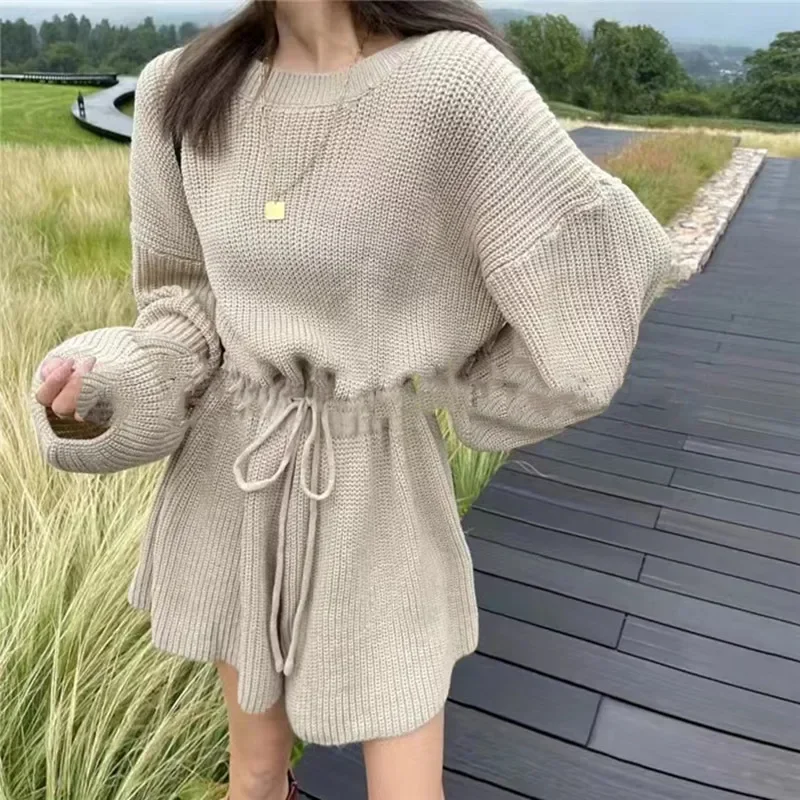 NEW Chic Autumn Winter Crew Neck Knitted Long Women Wide-leg Sleeved Jumpsuit Shorts Drawstring Rompers Slim Korean Outfit