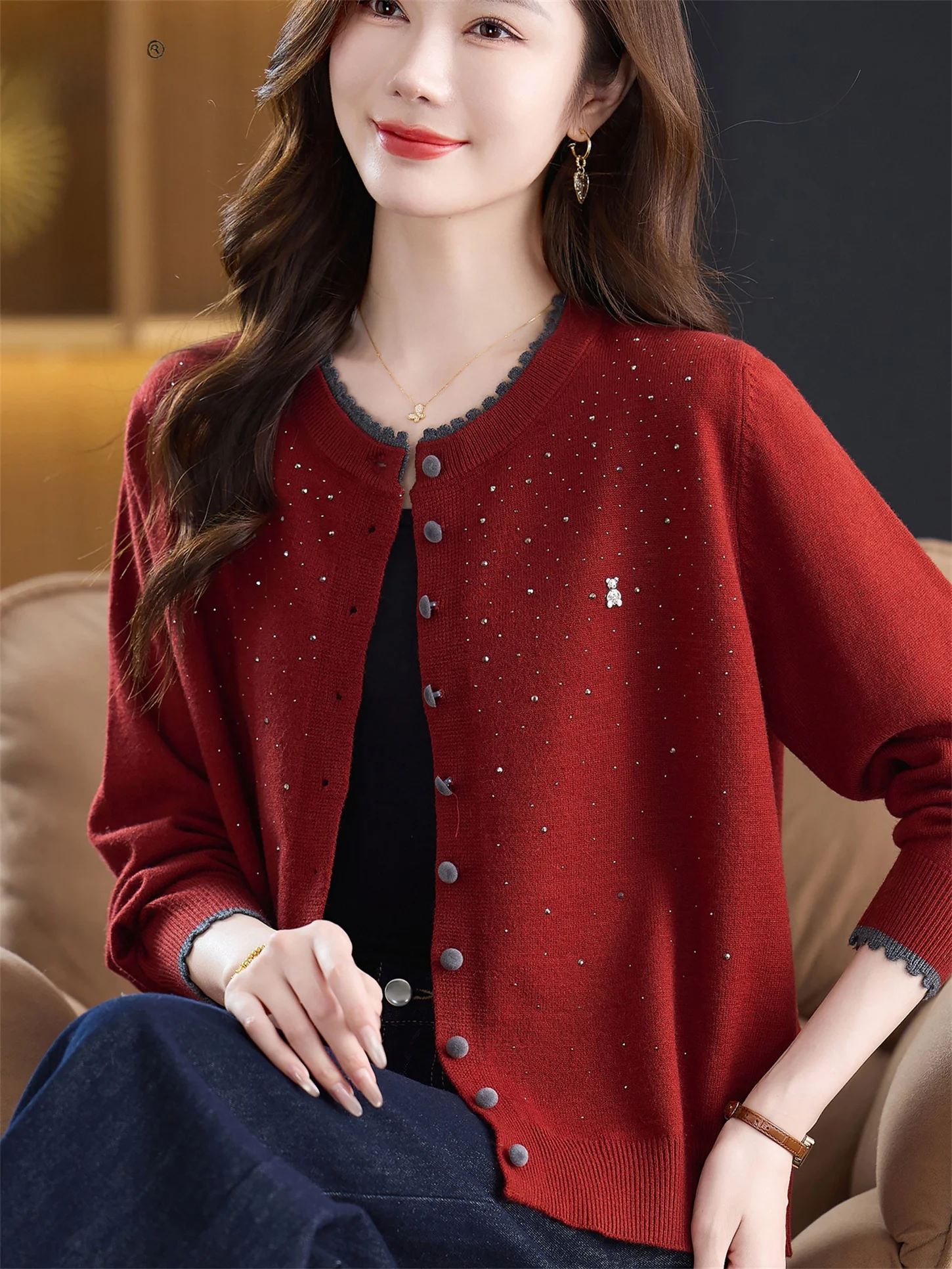 

Faionable Knitted Open Cardigan round Ne Loose Base Layer Outerwear for Young Mothers Middle Aged And ly Women