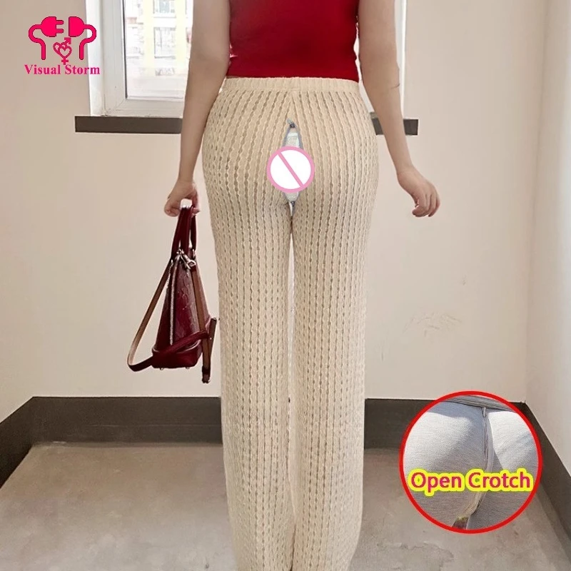 Hollow Out Sexy Open Crotch Woman's Knitting Leggings Fashion See Through Pleated Beige Trousers Crotchless Wide Leg Clubwear