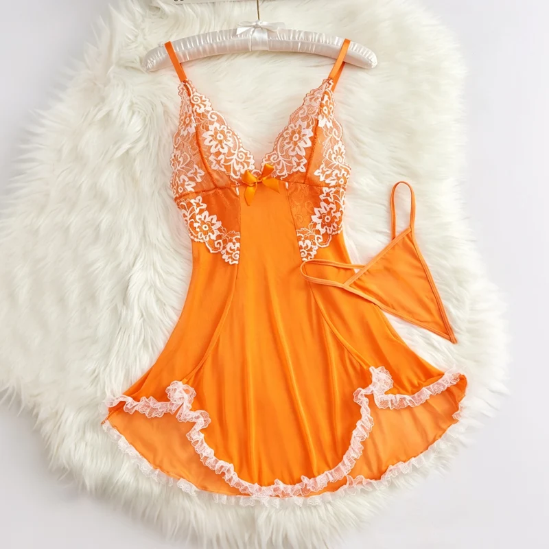 Women Orange Floral Lace Babydoll Nightgown Spaghetti Strap Mesh Nightdress with Matching Thong Ruffles Sexy V-Neck Nightwear