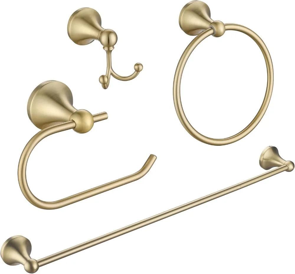

4-Piece Brushed Gold Bathroom Hardware Set: Towel Bar, Hook, Toilet Paper & Hand Towel Holders - 23.6 Inch
