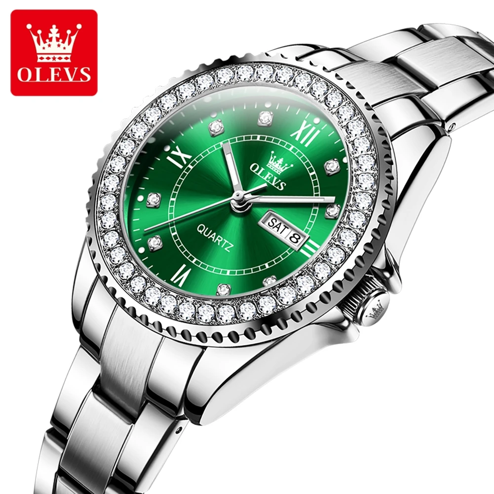 OLEVS-Montre à Quartz de Luxe en Acier Inoxydable pour Homme et Femme, Montre-Bracelet Amoureux, Série Green Water mesurost, Top Original, Couple