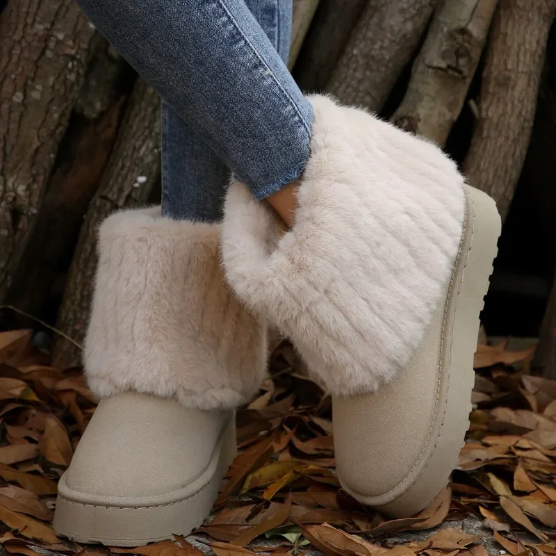 Fashionable Women's Round Toe Warm Thickened Plush Winter Mid-calf Boots Thick Sole Casual Comfortable Anti-slip Women Snow Boot