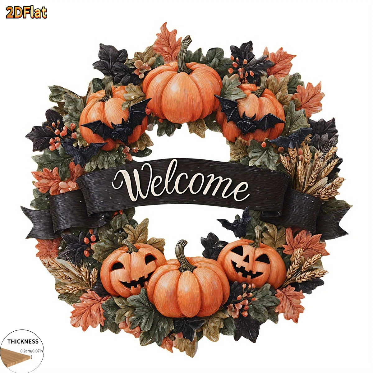 Halloween Pumpkin Wreath 2D Flat Wooden Hanging Plaque Welcome Bat Maple Leaf Wheat Wood Sign for Front Door Wall Spooky Fall