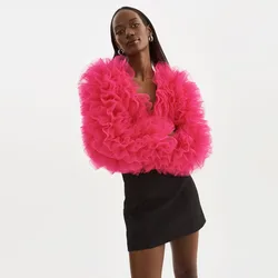 High Street fucsia Ruffles rifinito corto Tulle donna Jacekt maniche lunghe Ruffles Tutu Tulle donna Outwear Outfit