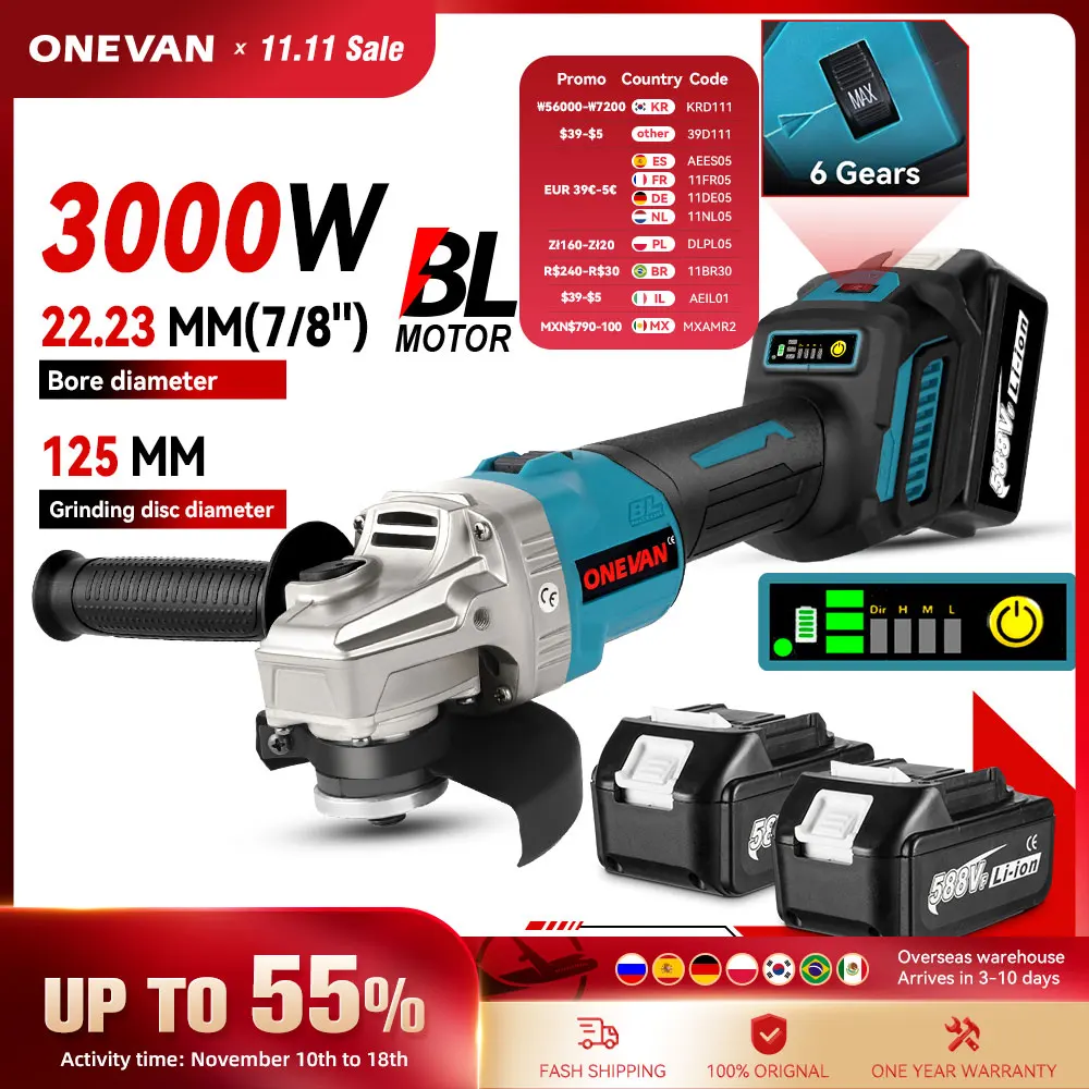 ONEVAN 125MM Brushless Electric Angle Grinder 3000W 6 Gear Polishing Cutting Machine Metal Wood Power Tool For Makita Battery