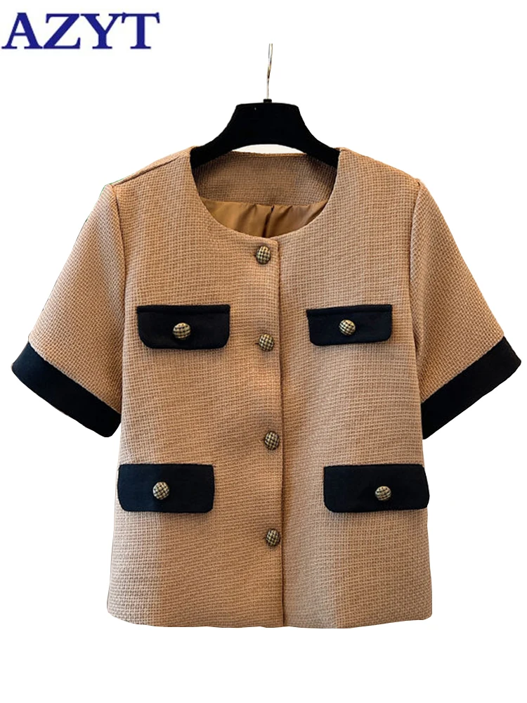 

AZYT Korean O Neck Women's Jacket Loose Pocket Short Sleeve Women Basic Coat Buttons Loose Jackets Female Summer 2023 New