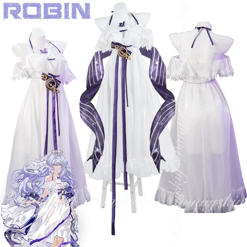 هونكاي: لعبة ستار ريل روبن كوسبلاي مغني هالوفيان مع شعر مستعار طويل فضي وأزرق مع ملابس السباحة البيضاء أزياء تنكرية جميع المجموعة