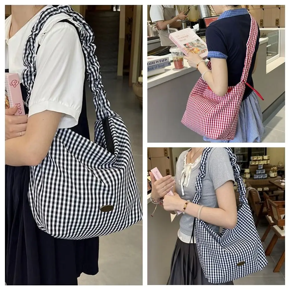 패션 Y2k 격자 무늬 숄더 백 Pleated 한국 스타일 캔버스 크로스 바디 백 Drawstring Ruffles Underarm Bag Girls