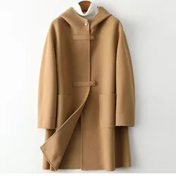 New Fashion Hooded Double-sided POLYESTER Coat Women Autumn Winter Double-sided Woolen Windbreakers Temperament Slim Wool Coats