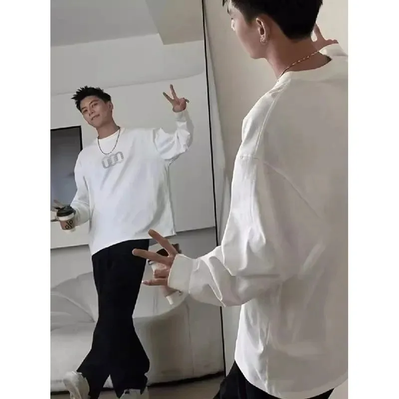 Moletom americano preto em torno do pescoço de algodão de manga comprida camiseta masculina camisa inferior interna outono e inverno pulôver confortáv
