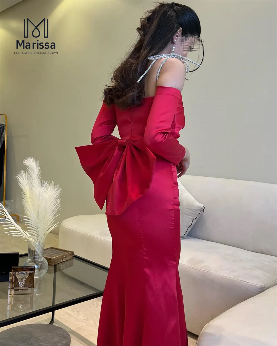 Marissa Fishtail Lotus Rok Dames Avondjurk Vrouw Dames Galajurk 2025, op maat gemaakte rode satijnen strik Off-shoulder baljurken