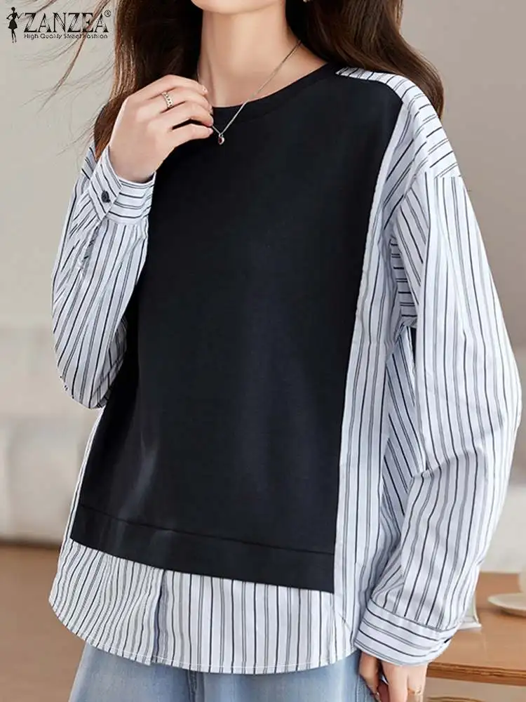 ZANZEA Patchwork O Neck Blusas Mujer Women Autumn Casual Long Sleeve Blouses Fake Two-Piece Striped Korean Fashion Pullovers