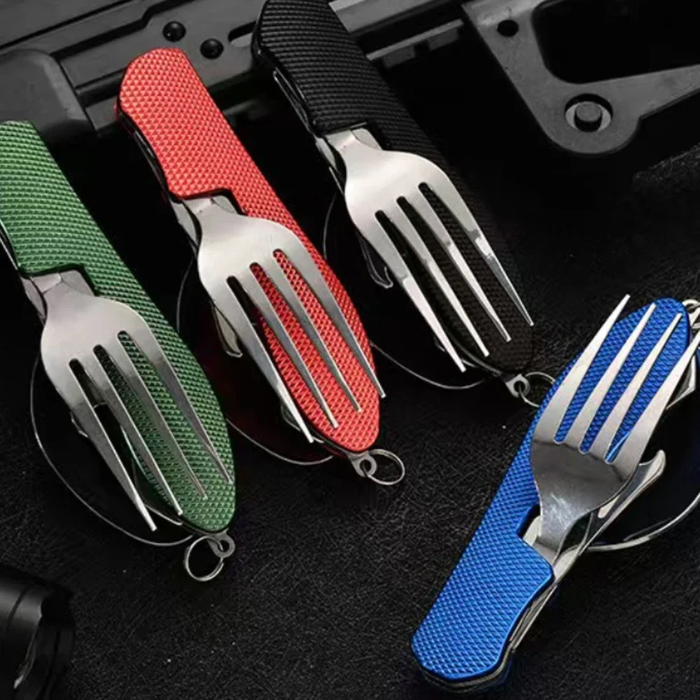Stainless Steel Cutlery Set 4 in 1 Foldable Knife Fork Spoon Bottle Opener Outdoor Picnic Tableware Folding Pocket Tool Kit