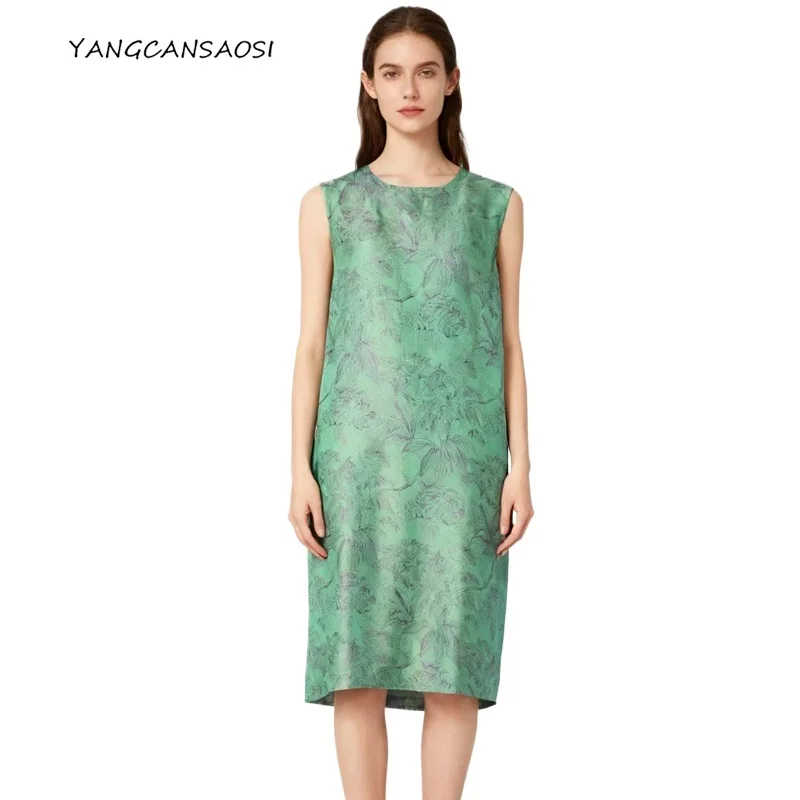 

2025 Summer New Green Coconut Grove Versatile Style 100% Natural Mulberry Silk Shu Brocade Casual Round Neck Tank Top Dress