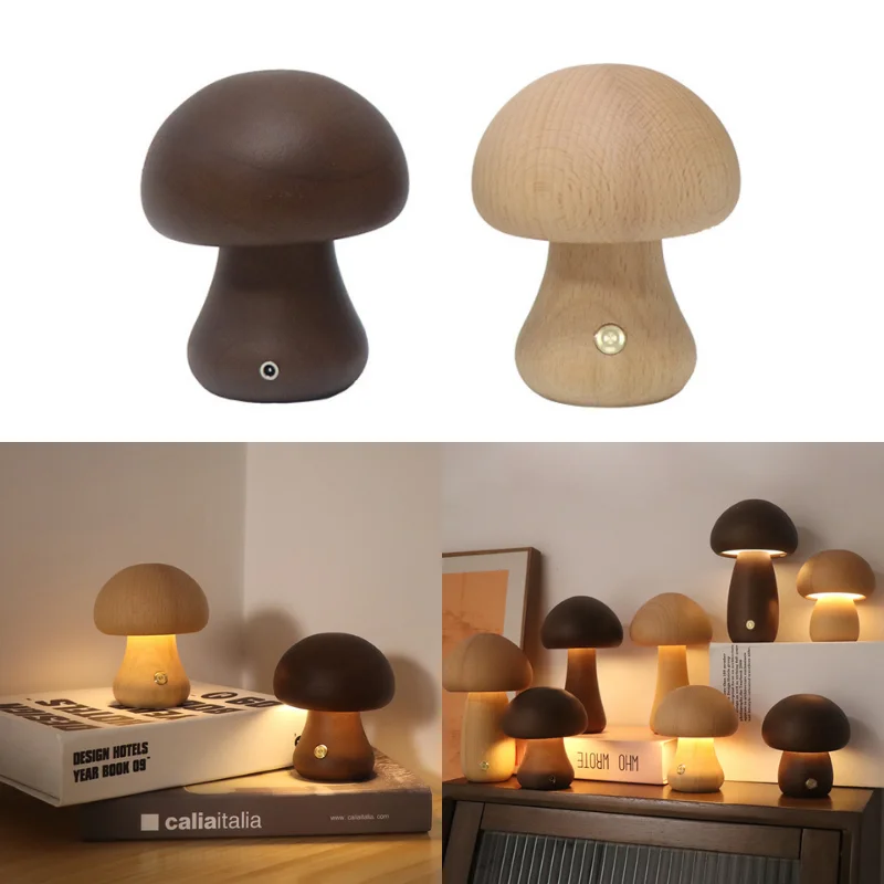 LED Night Light With Touch Switch Wooden Cute Mushroom Bedside Table Lamp For Bedroom Childrens Room Sleeping Night Lamps