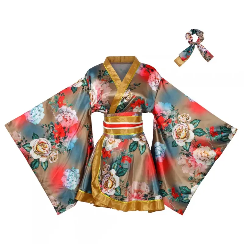 

Women's Kimono Costume Adult Japanese Geisha Yukata Sweet Floral Patten Gown Blossom Satin Bathrobe Sleepwear with OBI Belt