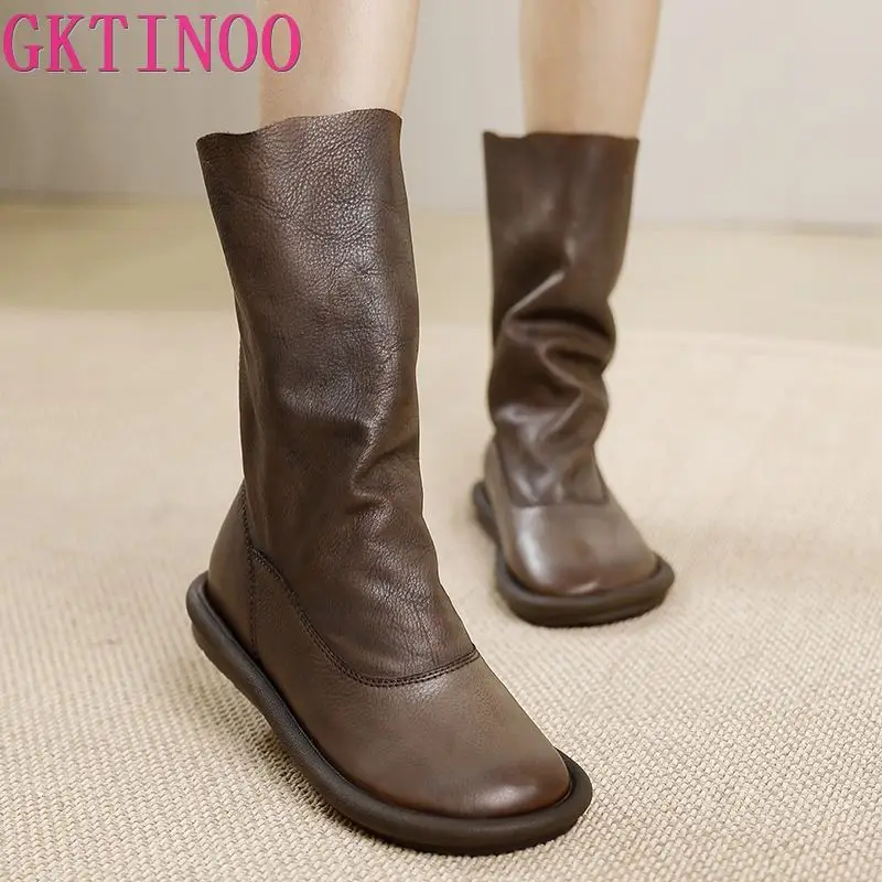 GKTINOO 2024 Women\'s Boots Winter Autumn Leather Retro Flat Boots Flat Shoes Genuine Leather Boots for Women Platform Boots