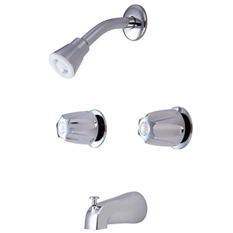 

Tub and shower valve for residential bathrooms, polished chrome finish, brass construction, dual-handle design with 8-inch cent