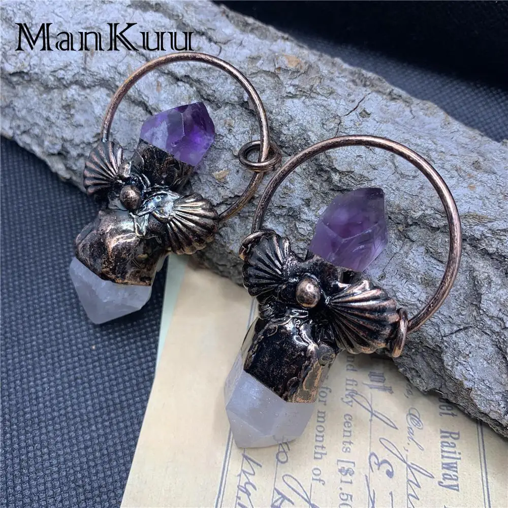 

Mankuu Vintage Antique Bronze Plating Natural White Crystal Amethyst Exaggerated Punk Personality Sweater Chain Pendant Necklace