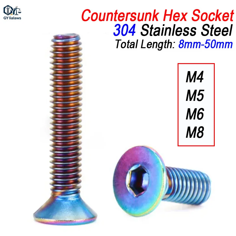 3/5/10pcs Rainbow Colourful Bolt M4 M5 M6 M8 Hex Socket Countersunk Flat Head Screw for Bicycle Motorcycle Car Accessories