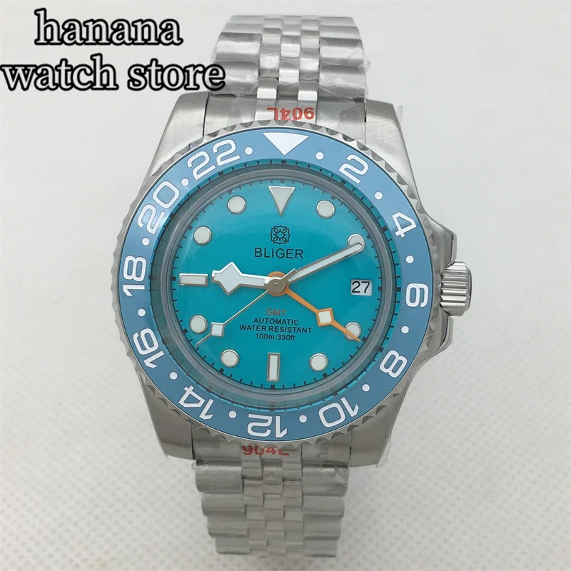 40mm sky blue luminous dial NH34 GMT automatic Men\'s watch arch glass ceramic bezel Date window