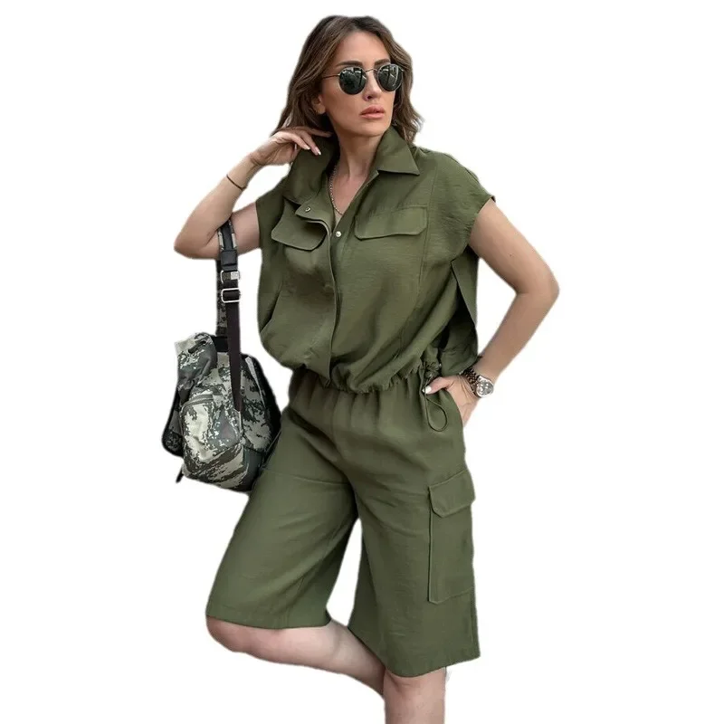 Knee Length Shorts Matching Sets Women Blouses Cardigan Single Breasted Short Sets Two Pieces Solid Drawstring Loose Casual