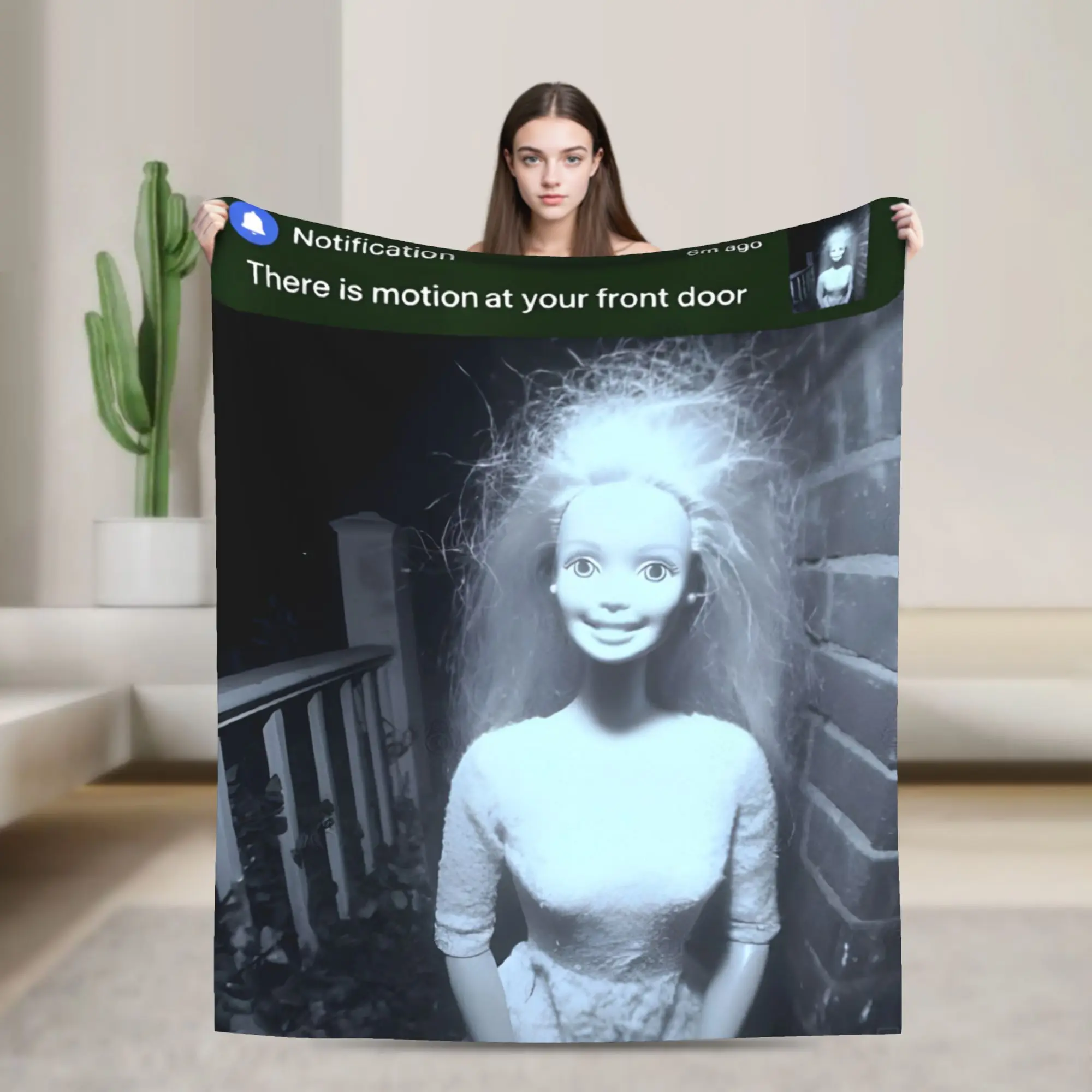 there is motion at your front door creepy doll face meme  Blankets Ultra-Soft Flannel Novelty Present  Throw Blankets Rug Piece