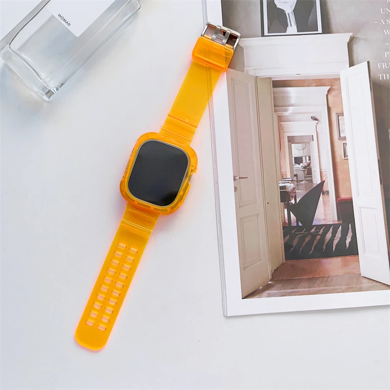 Clear Strap + Case for Apple Watch Series 38mm 40mm 49mm 45mm 44mm 42mm 41mm Transparent for iwatch 9 8 7 6 SE 5 3 Plastic Strap