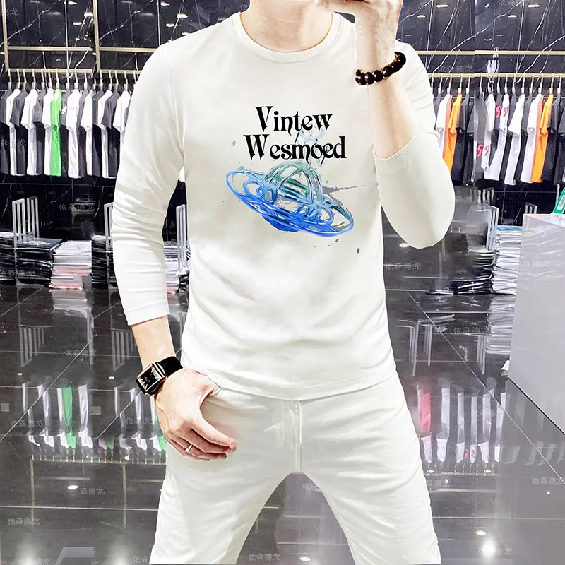 Men Luxury Long Sleeve Crew Neck T-Shirt Autumn Rhinestone Letter Print Tops Fashion Slim Fit Casual Tees Male Streetwear Daily