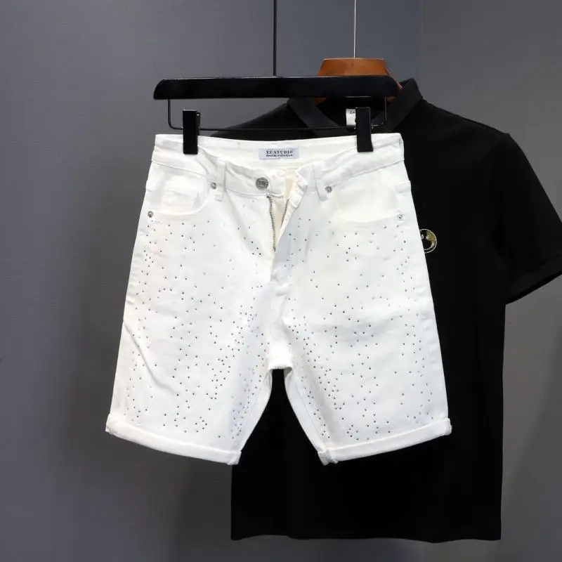 

Skinny Half Short Jeans Pants for Men Rhinestone Man Denim Shorts Designer Popular Rude New In Luxury Korean Fashion Retro Jorts
