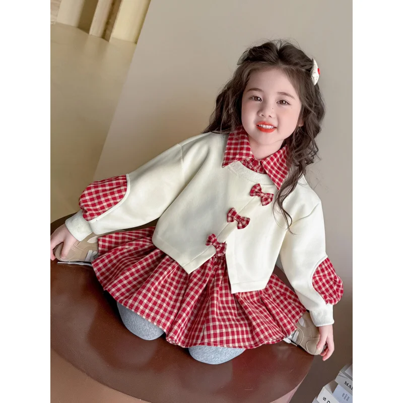 

Girls Suit2025Spring and Autumn New Style Children's Girl Back Bow Fake Two-Piece Sweatshirt Set