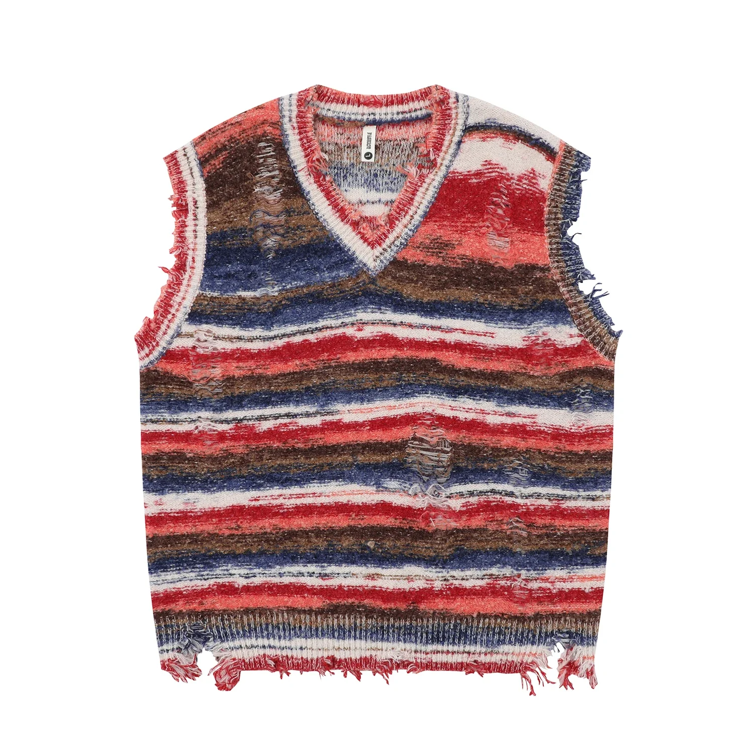 2024 New Vintage Gradient Stripe Loose Knit Sweater Vest. Washed and ripped knit vest with tie-dyed details. V-neck and sleevele